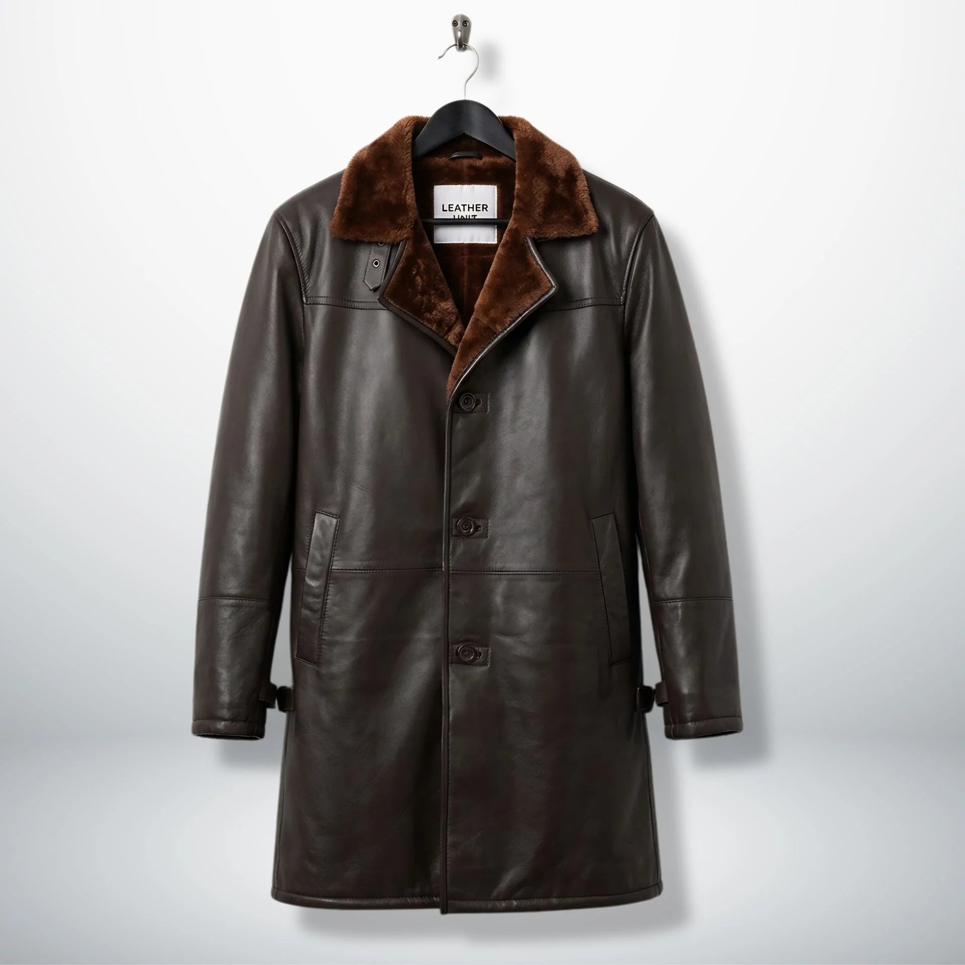 Front view of men’s dark brown shearling leather 3/4 coat by Leather Unit