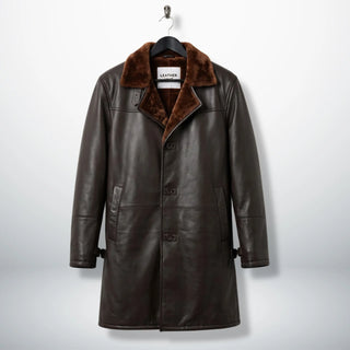Front view of men’s dark brown shearling leather 3/4 coat by Leather Unit