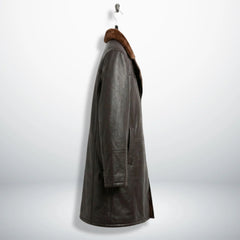 Side profile of men’s dark brown shearling leather overcoat