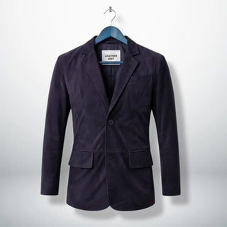 Front view of men’s dark purple suede leather blazer by Leather Unit