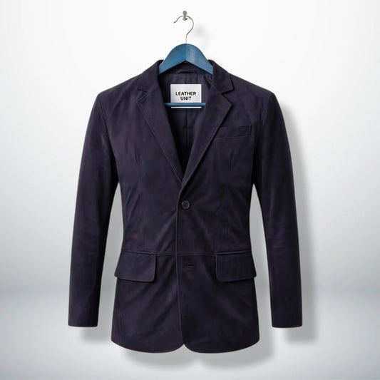 Front view of men’s dark purple suede leather blazer by Leather Unit
