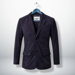 Front view of men’s dark purple suede leather blazer by Leather Unit