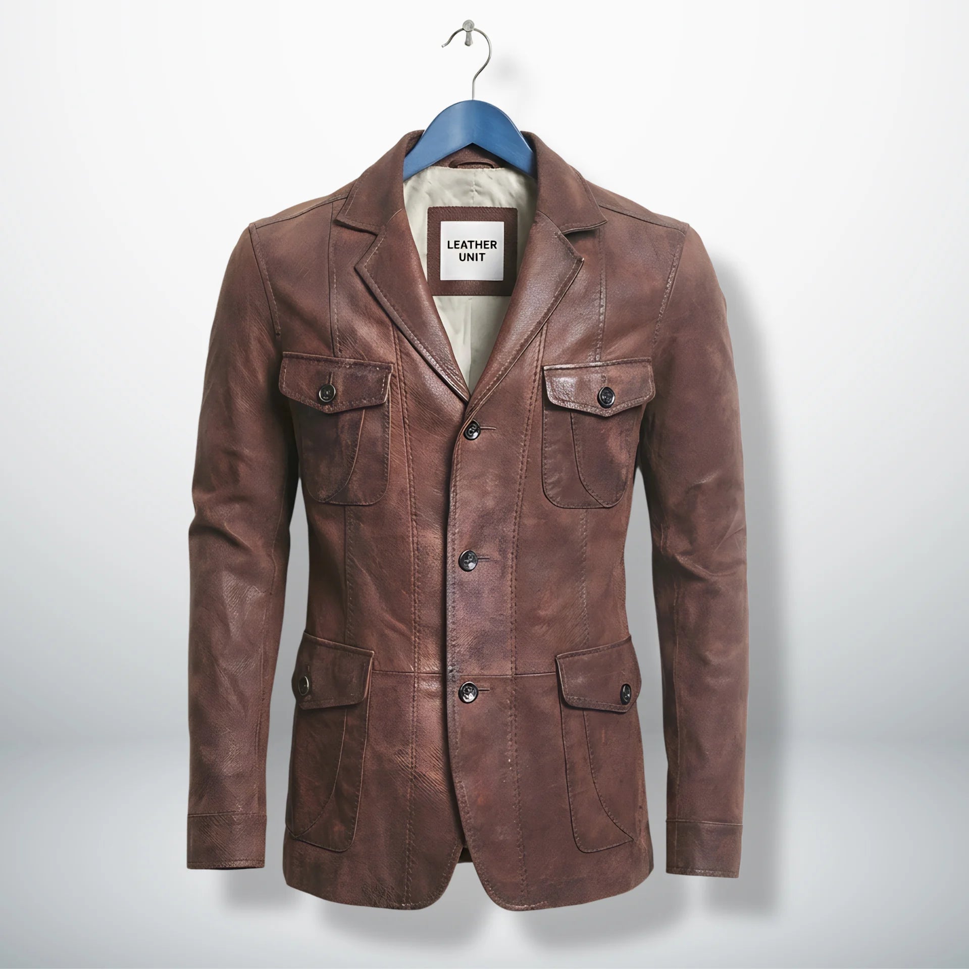 Front view of men’s distressed brown leather blazer jacket by Leather Unit