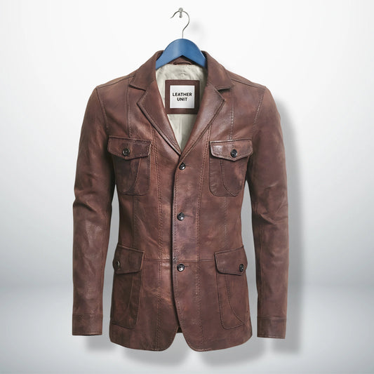 Front view of men’s distressed brown leather blazer jacket by Leather Unit
