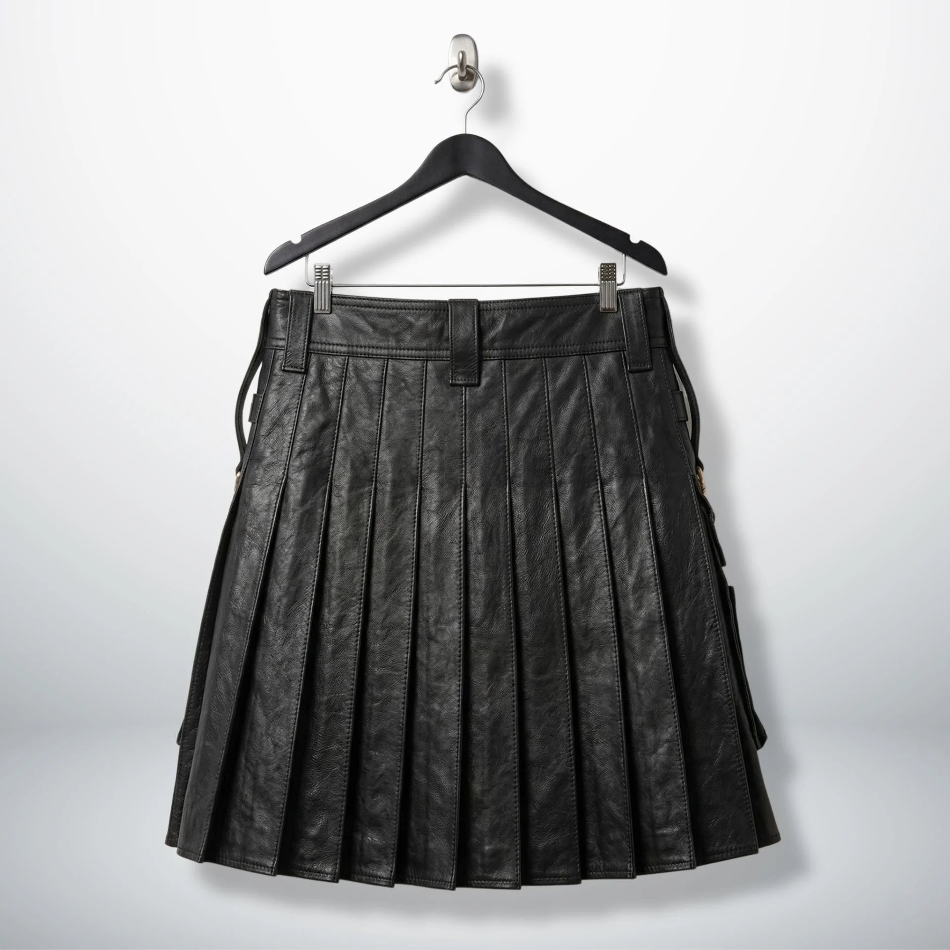 Back view of men's black leather kilt showing full pleated design