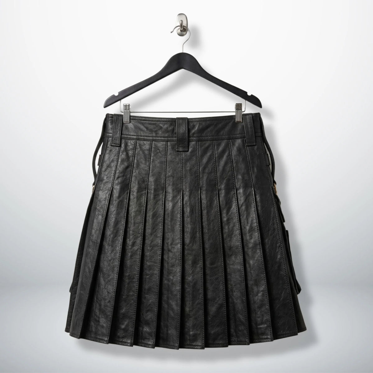Back view of men's black leather kilt showing full pleated design