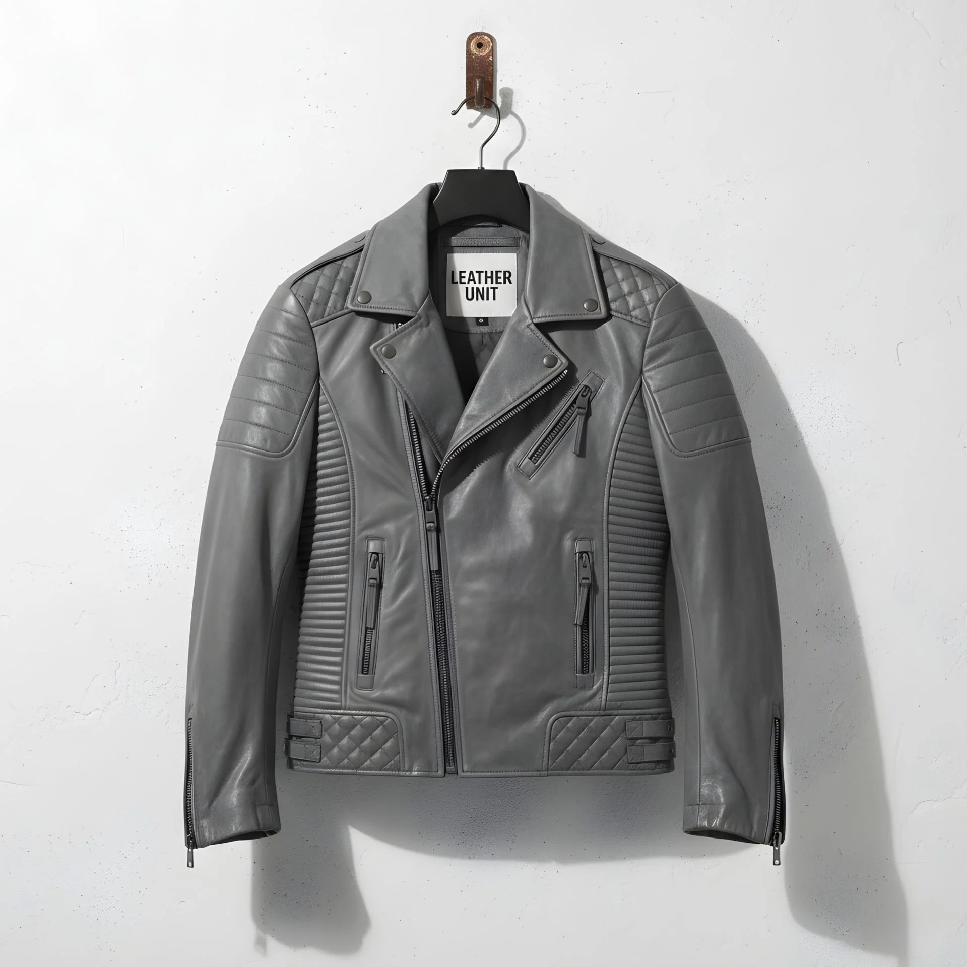 front view of men's grey leather biker motorcycle jacket with quilted panels.