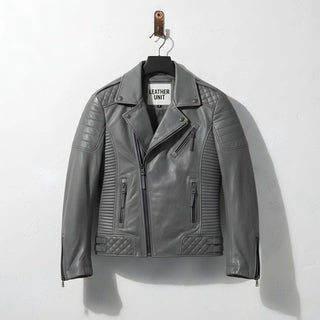 front view of men's grey leather biker motorcycle jacket with quilted panels.