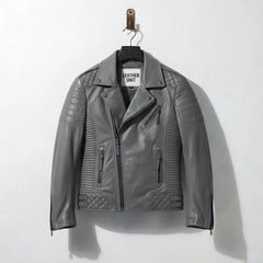front view of men's grey leather biker motorcycle jacket with quilted panels.