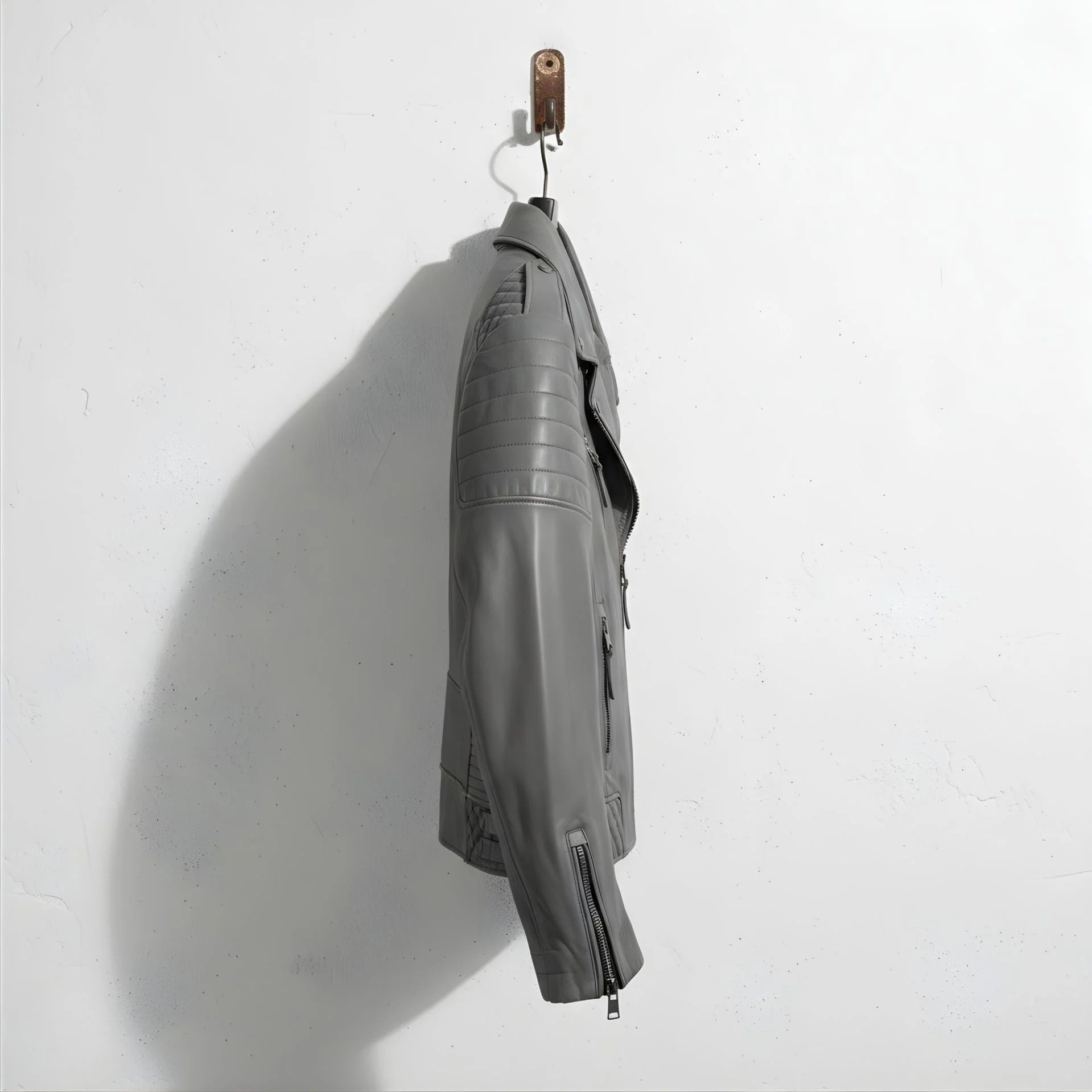side profile of men's grey leather motorcycle jacket with quilted shoulder.