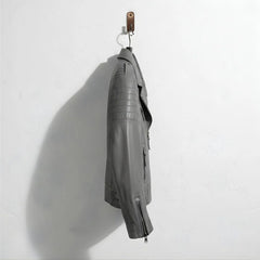 side profile of men's grey leather motorcycle jacket with quilted shoulder.