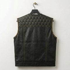 Back view of men's black leather vest with honeycomb quilted yoke