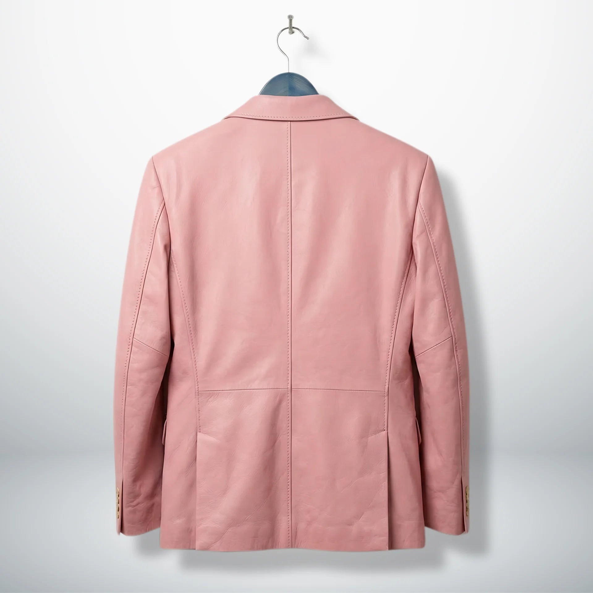 Back view of men’s pastel pink leather blazer with center seam