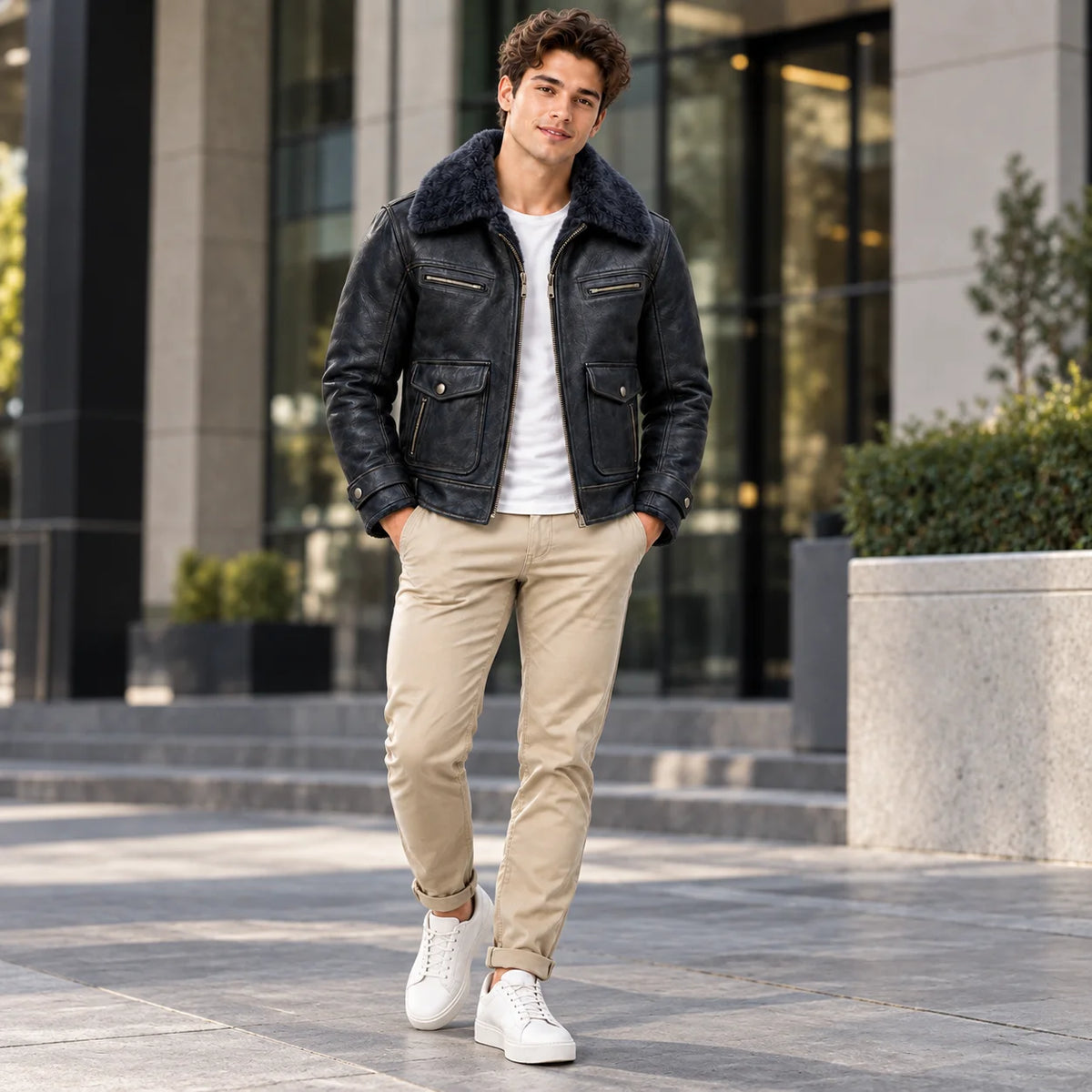 Men wearing midnight navy sheepskin leather aviator jacket with faux fur collar in an urban outdoor setting