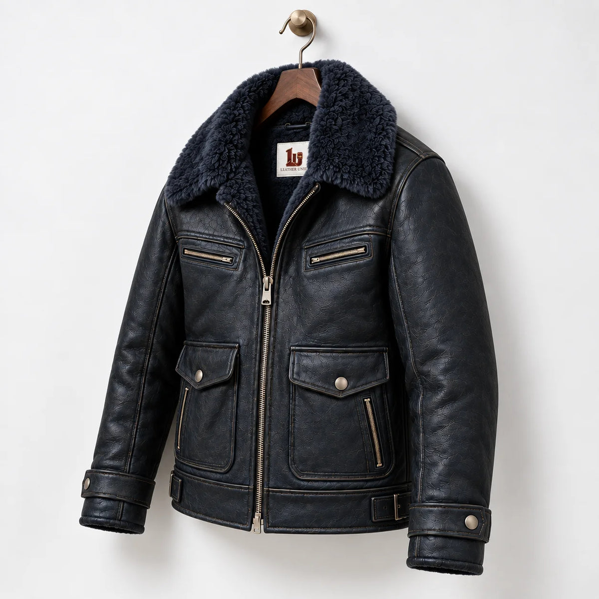 Three-quarter view of midnight navy leather aviator jacket with faux fur collar and dual-access utility pockets