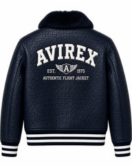 Full back view of navy aviator leather jacket with white flight graphic, textured finish and striped ribbed waistband