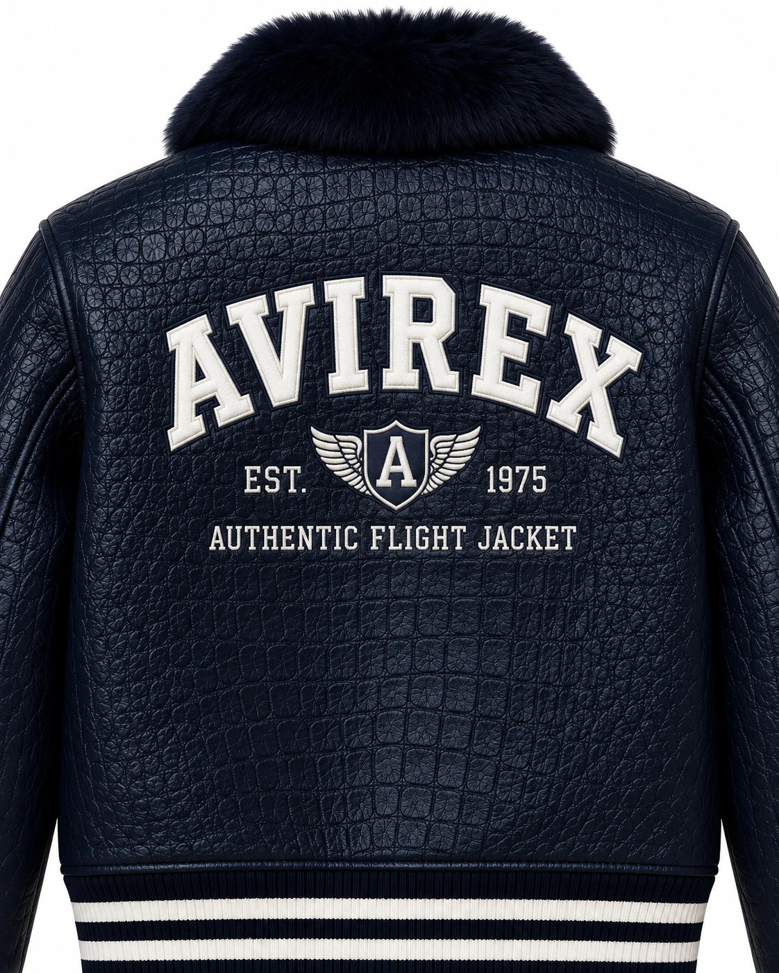 Close-up back of navy croc-textured leather bomber with large white aviation lettering, wing crest and fur collar