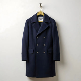 Front view of men's navy double breasted wool overcoat by Leather Unit.
