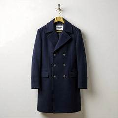 Front view of men's navy double breasted wool overcoat by Leather Unit.