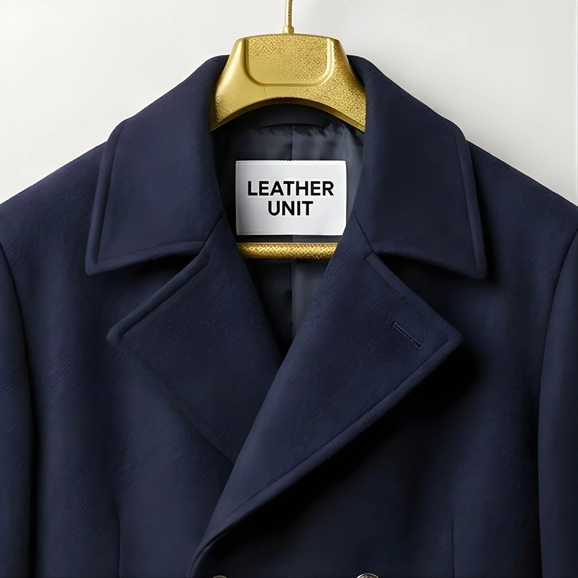 Close up of lapel collar and Leather Unit label on navy wool coat.