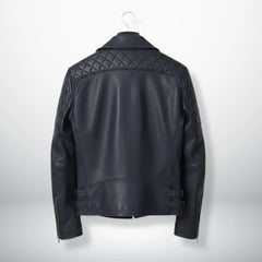 back view of men's navy motorcycle leather jacket with quilted yoke.
