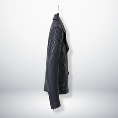 side profile of men's navy quilted leather motorcycle jacket.