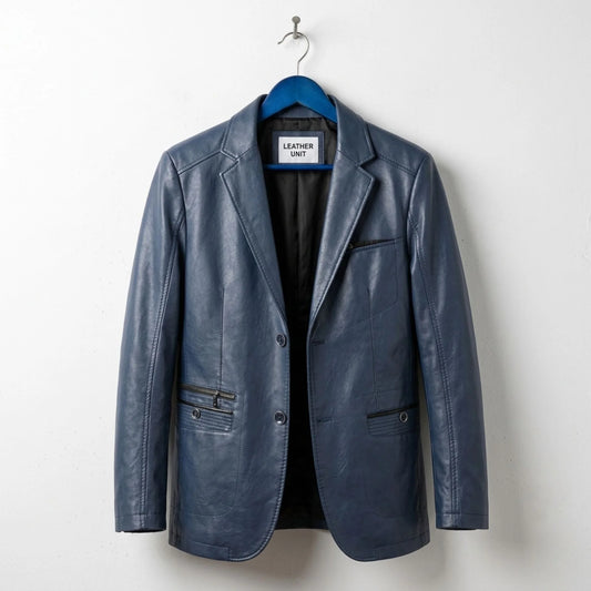 Front view of men's navy blue leather blazer jacket by Leather Unit.