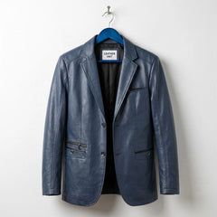 Front view of men's navy blue leather blazer jacket by Leather Unit.