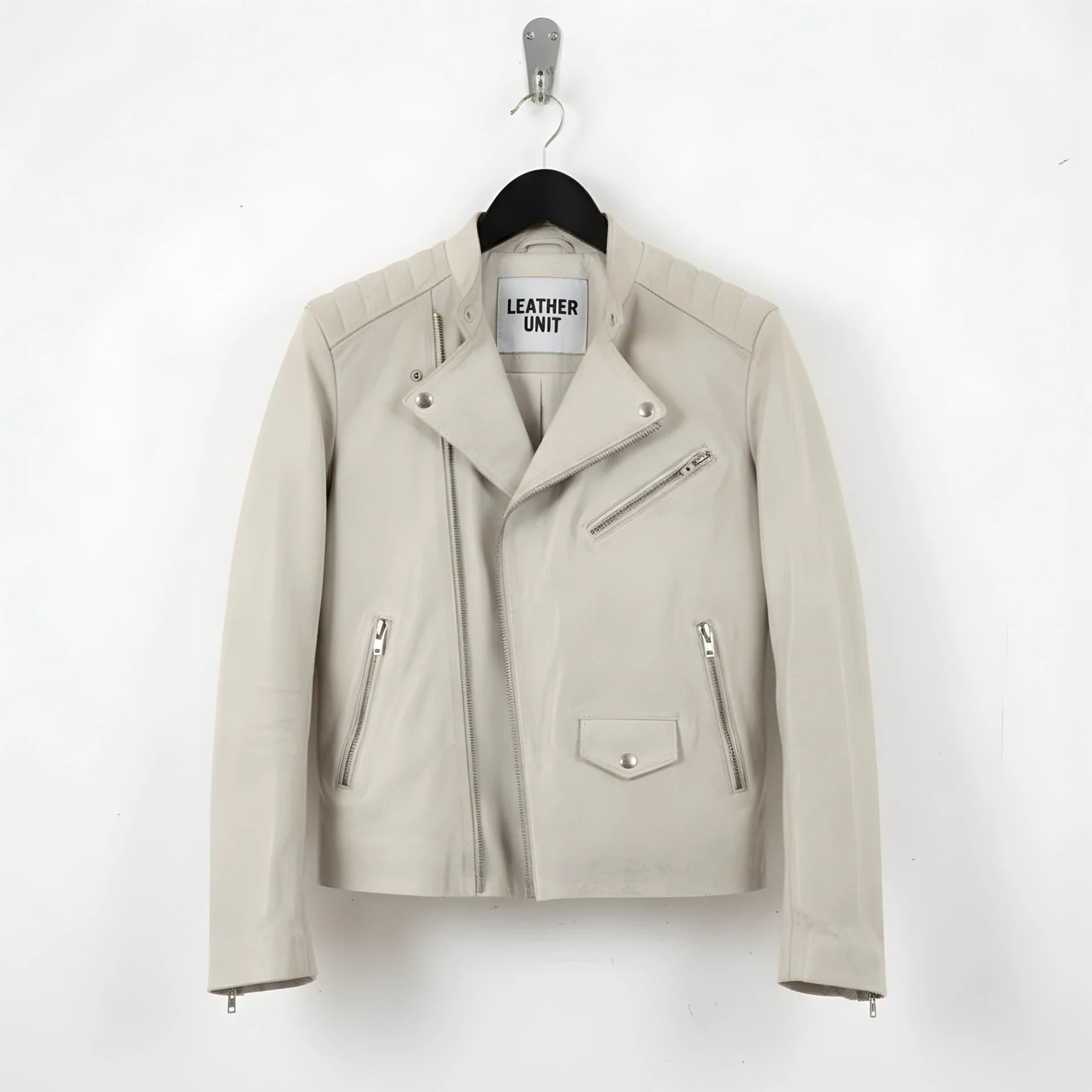 front view of men's off white leather biker jacket with asymmetrical zip.