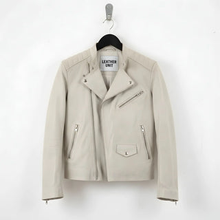 front view of men's off white leather biker jacket with asymmetrical zip.