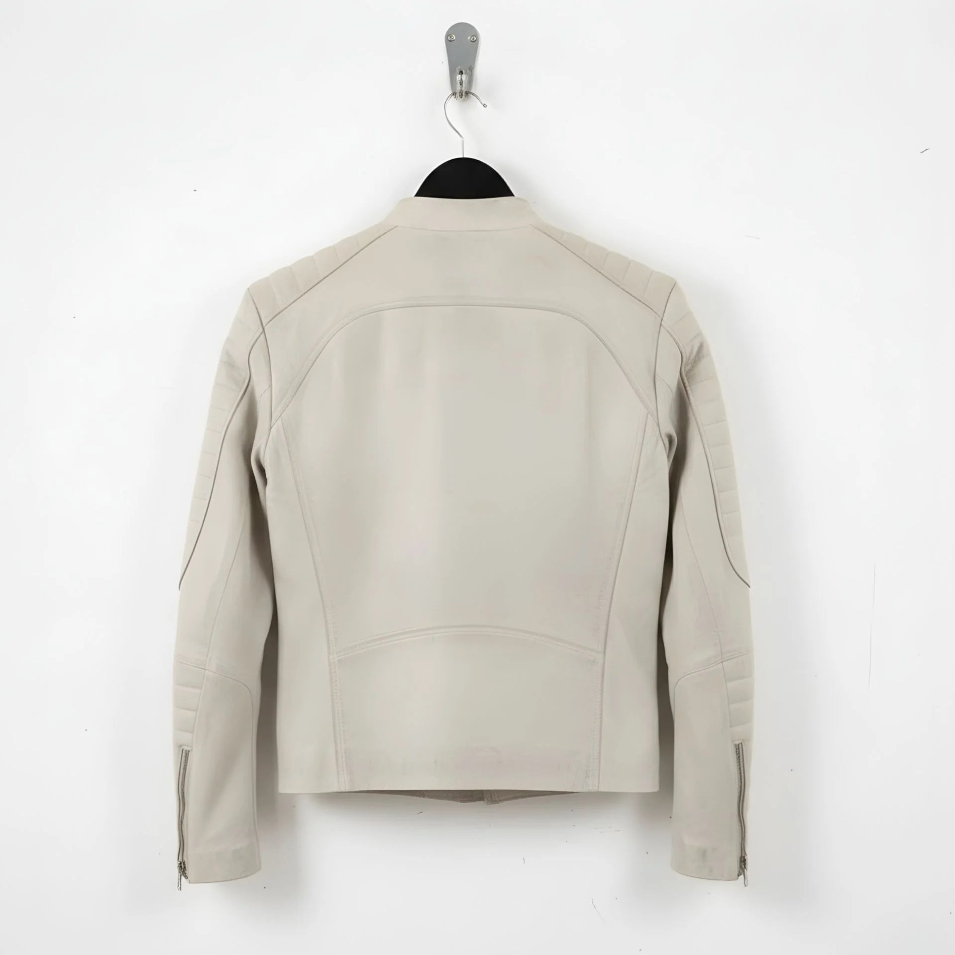 back view of men's off white leather jacket with quilted shoulder panels.
