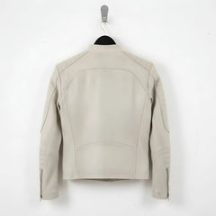back view of men's off white leather jacket with quilted shoulder panels.
