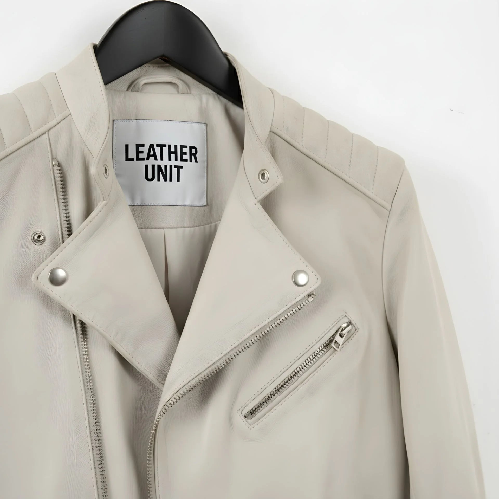 close up of collar and zipper detail on men's off white leather biker jacket by Leather Unit.