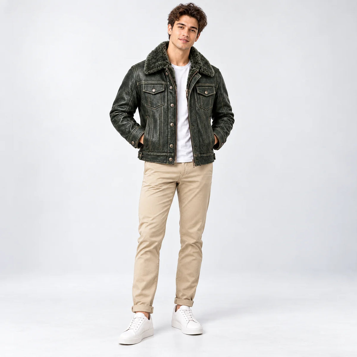 Front model view of olive green trucker jacket with fur collar, flap chest pockets and snap details