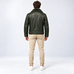 Rear model view of dark olive trucker jacket showing faux fur collar, shoulder yoke and waist adjusters