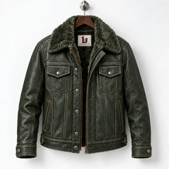 Front hanger view of olive green jacket with faux fur collar, two chest flap pockets and centre closure