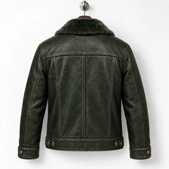Back hanger view of olive green trucker jacket showing panel seams, shoulder yoke and side waist tabs