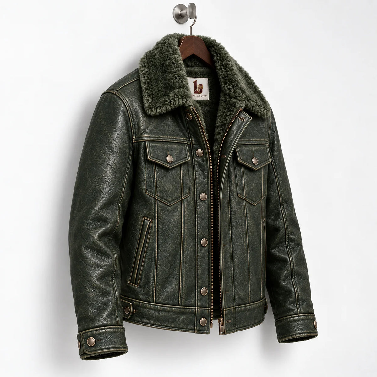 Three-quarter view of olive green trucker jacket highlighting textured finish, faux fur collar and pockets