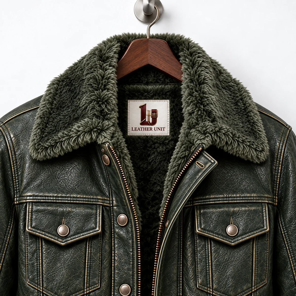 Close-up of olive green trucker jacket highlighting textured finish, faux fur collar and pockets