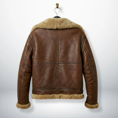 back view mens brown b3 aviator leather jacket with panelled seams.