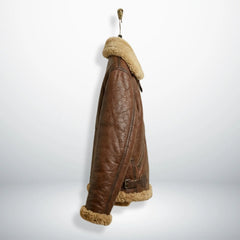 side profile mens brown shearling aviator leather jacket on hanger.