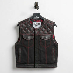 Front view of men's black quilted leather biker vest with red stitching by Leather Unit