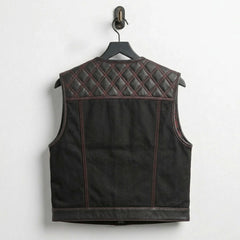 Back view of men's Nova Lowside leather and canvas vest with diamond quilted yoke
