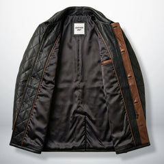 Inside lining of men’s black quilted leather coat showing brown detailing