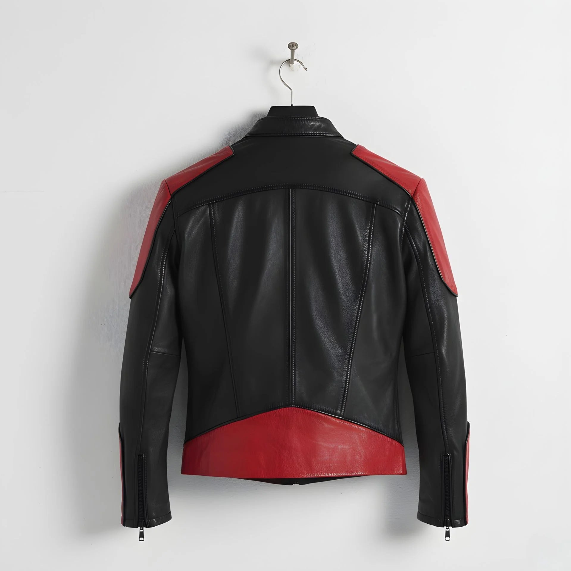 back view of men's red and black motorcycle leather jacket with contrast panels.