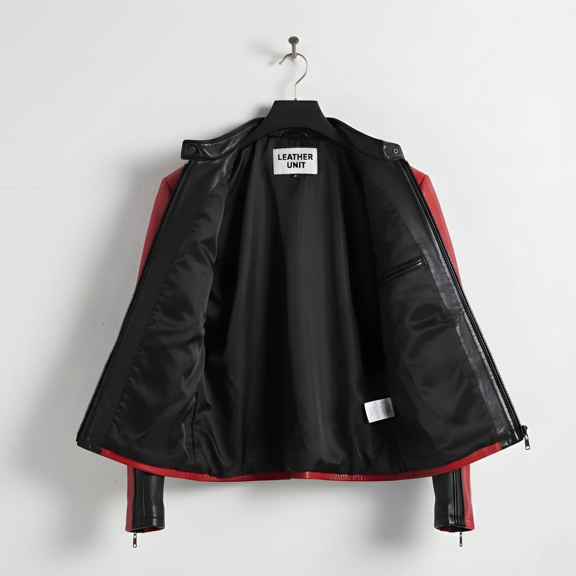 interior of men's red and black leather biker jacket showing black lining.