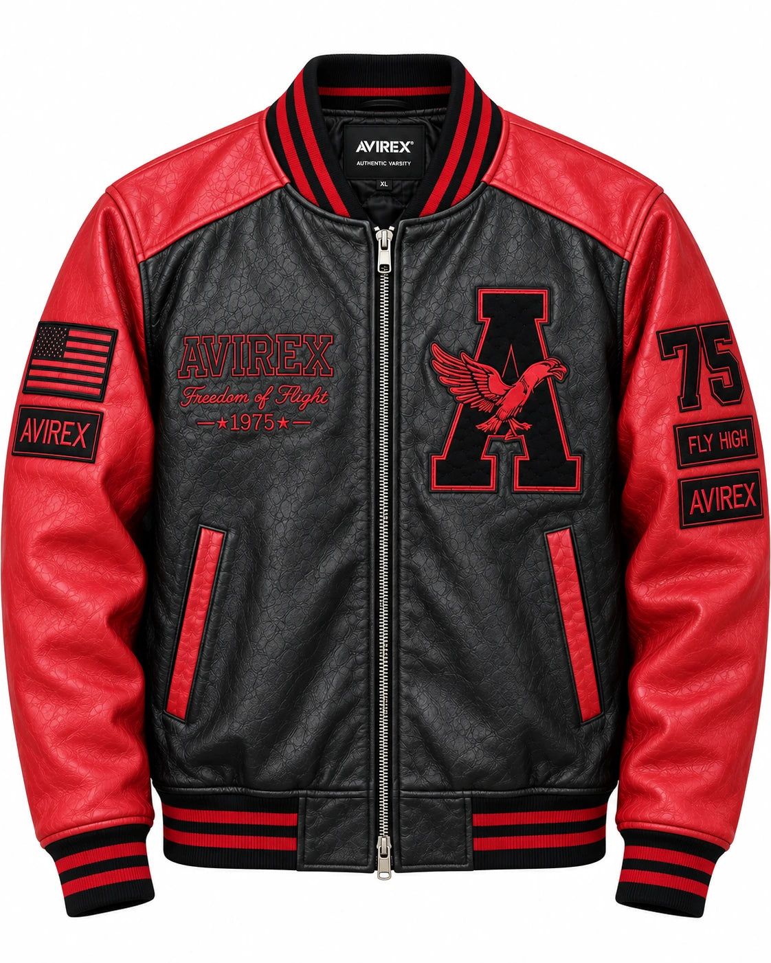 Front view of men’s black leather varsity jacket with red sleeves, embroidered patches, zip closure and red trimmed pockets