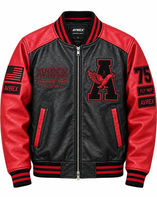 Front view of men’s black leather varsity jacket with red sleeves, embroidered patches, zip closure and red trimmed pockets