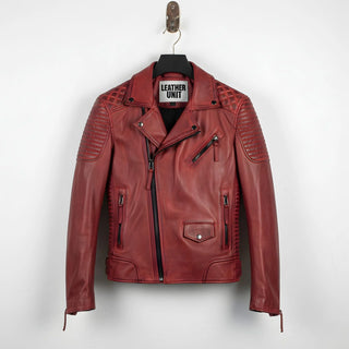 front view of men's red leather biker jacket with quilted shoulders.