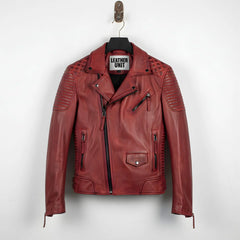 front view of men's red leather biker jacket with quilted shoulders.